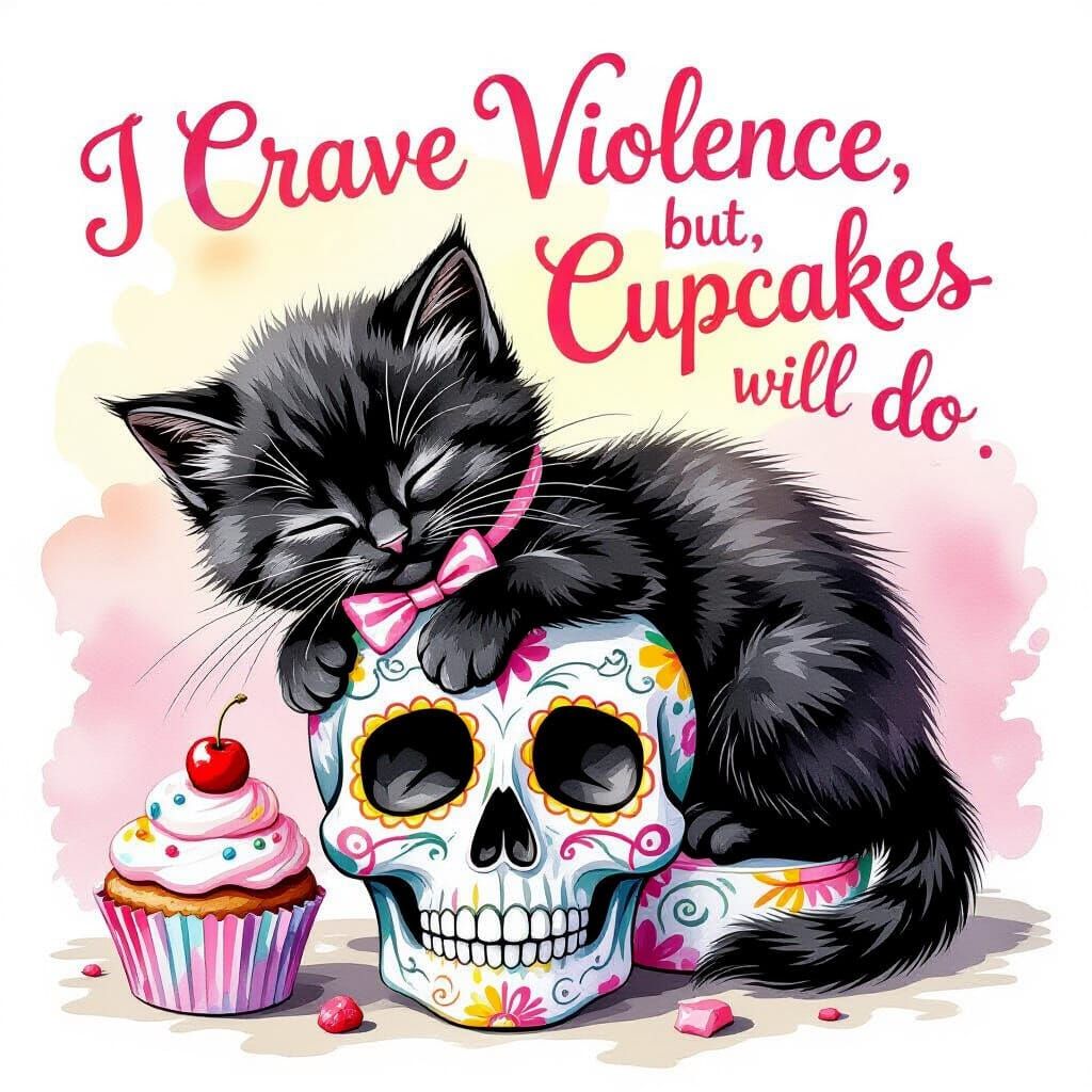 Cute Kitten Napping on Skull in Watercolor Style