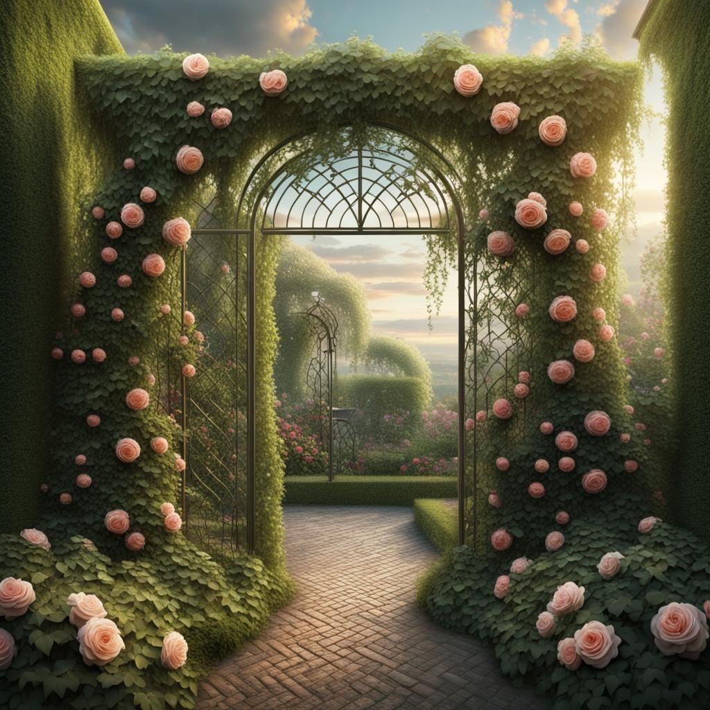 Garden Trellis with Ivy and Roses: Digital Matte Painting