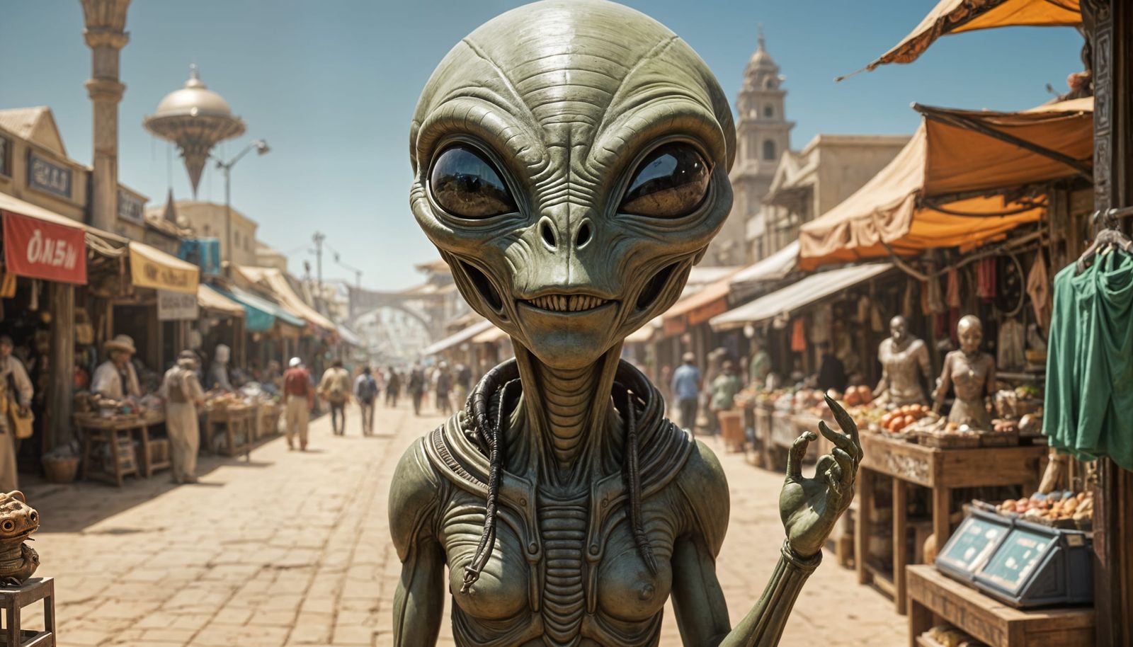 Alien Guide Welcoming Visitor to Bazaar