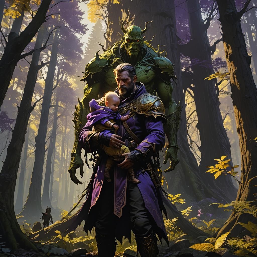 Mutant Baby Before Shadow Tower: Dark Fantasy Art