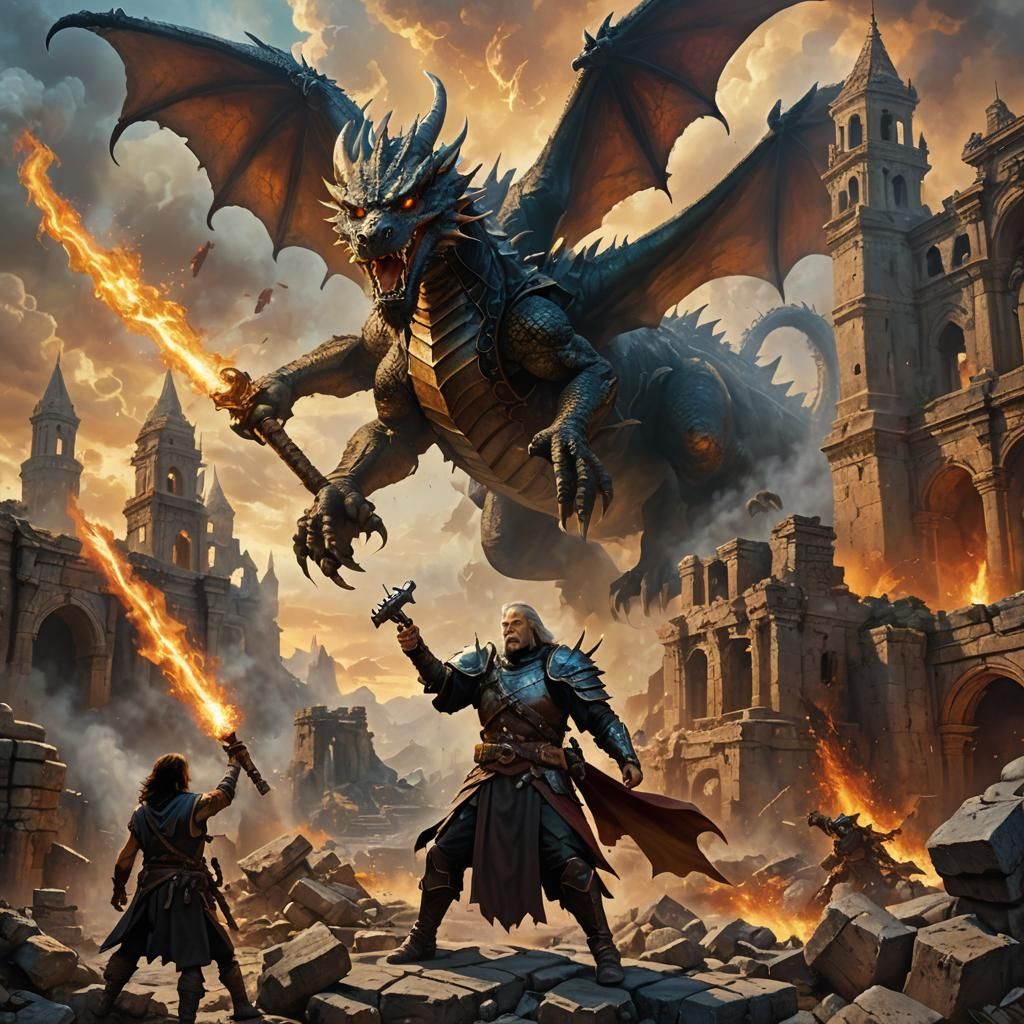 Wizard Battles Dragon with Bazooka in Oil Painting Style