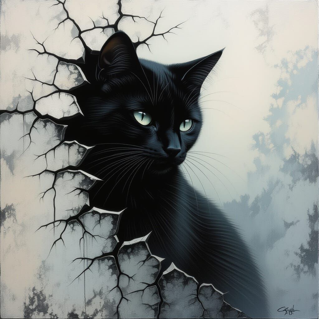 Surreal Black Cat in Damaged Reality