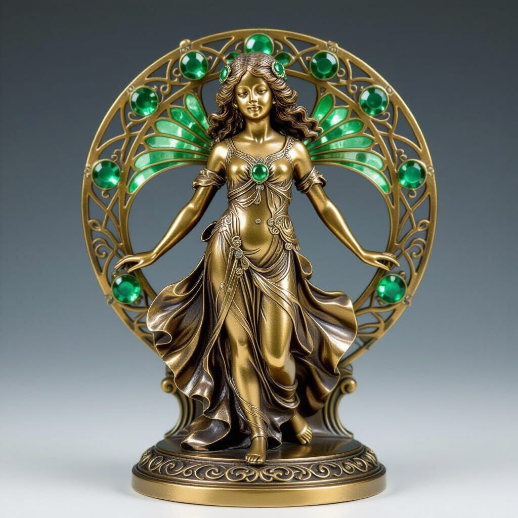 Bronze Jugendstil Girl with Emeralds in Art Nouveau Style