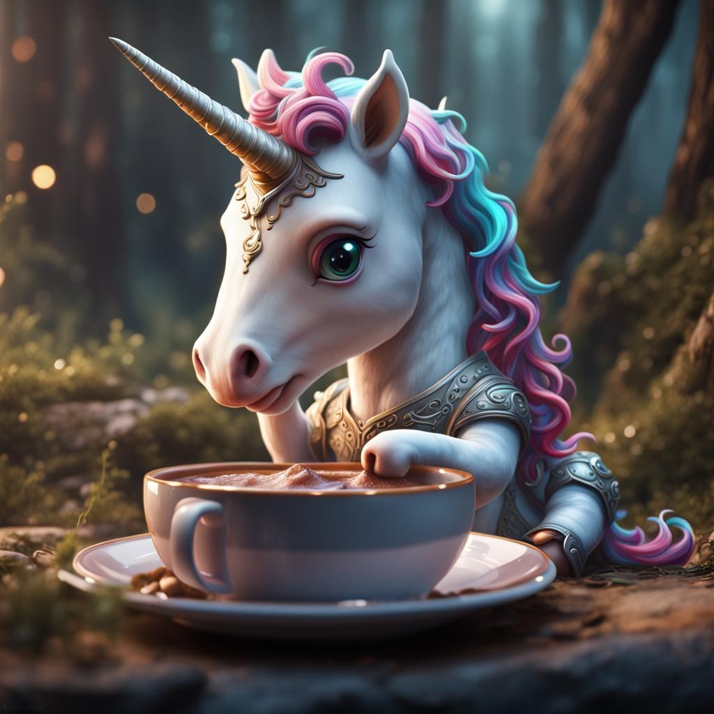 Baby Unicorn Drinking Coffee in Detailed Painting