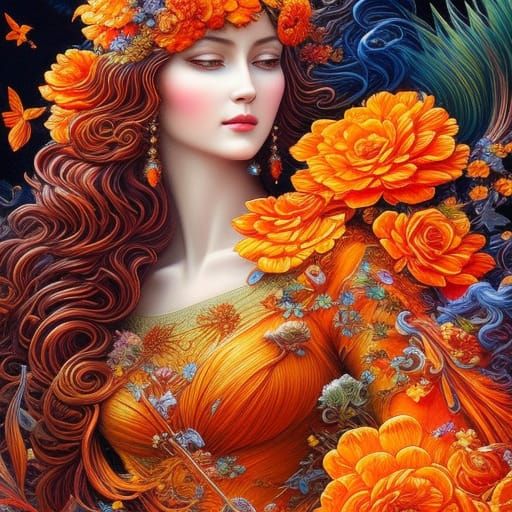 Brunette with Flowers and Butterflies, Intricate Art