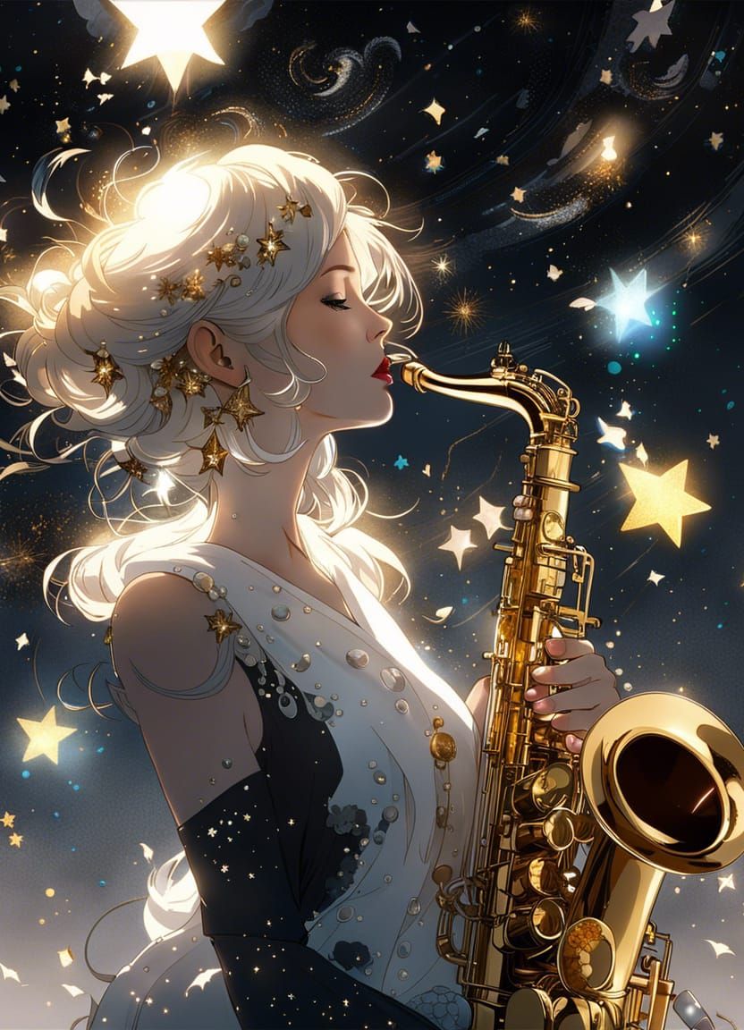 Golden Saxophone with Glittering Milky Way Background