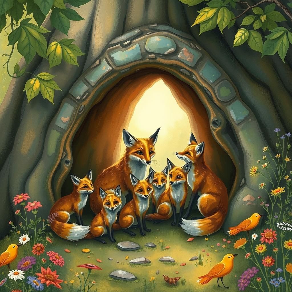 Fox Family in Hollow Tree, Folk-Art Style