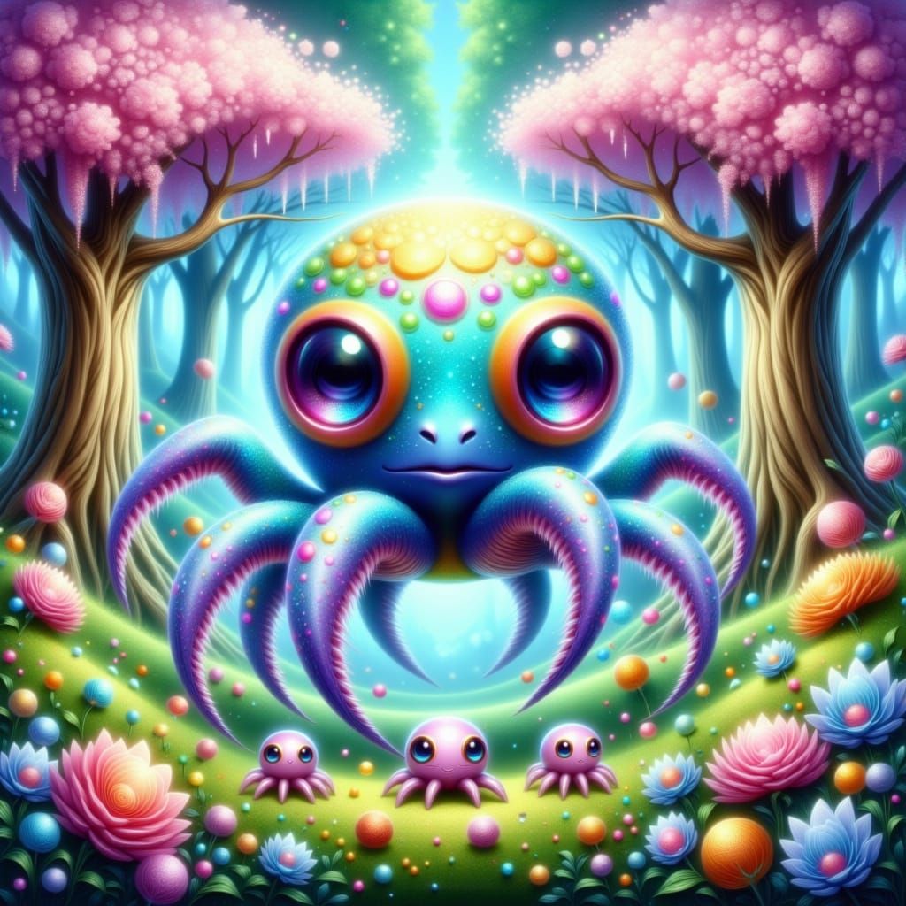 Whimsical Forest Scene with Spider-Octopi and Japanese Wildl...