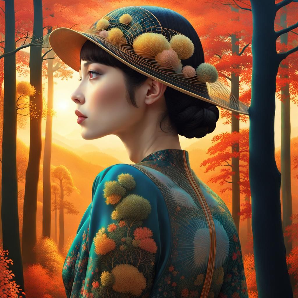 Hybrid Woman in Forest, Art Nouveau Style