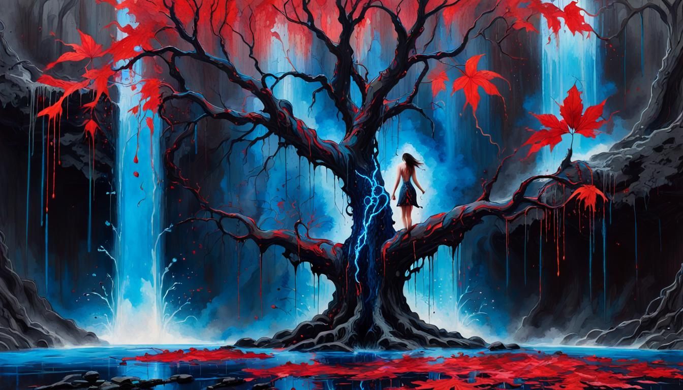 Ink Splatter Tree near Neon Waterfall in Fantasy Style