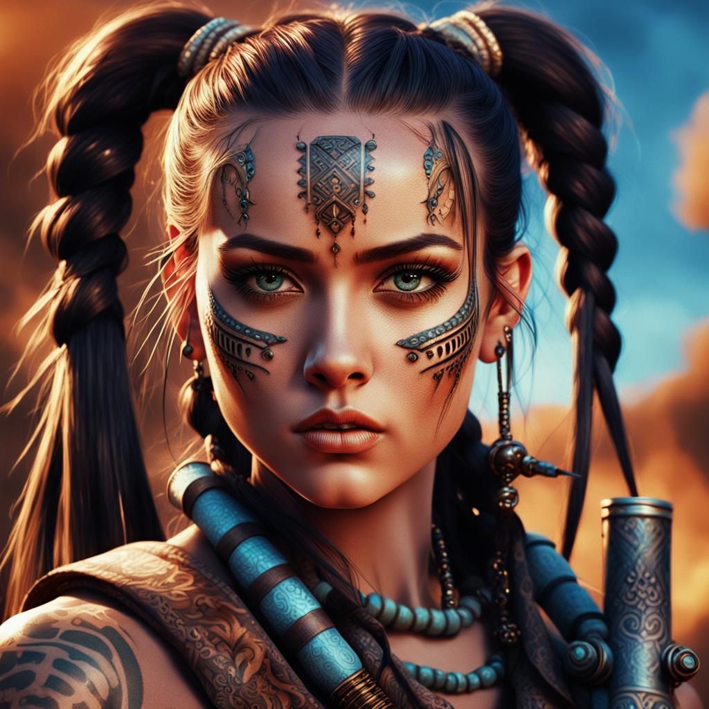 Tribal Brunette with Bazooka in Dark Fantasy Art