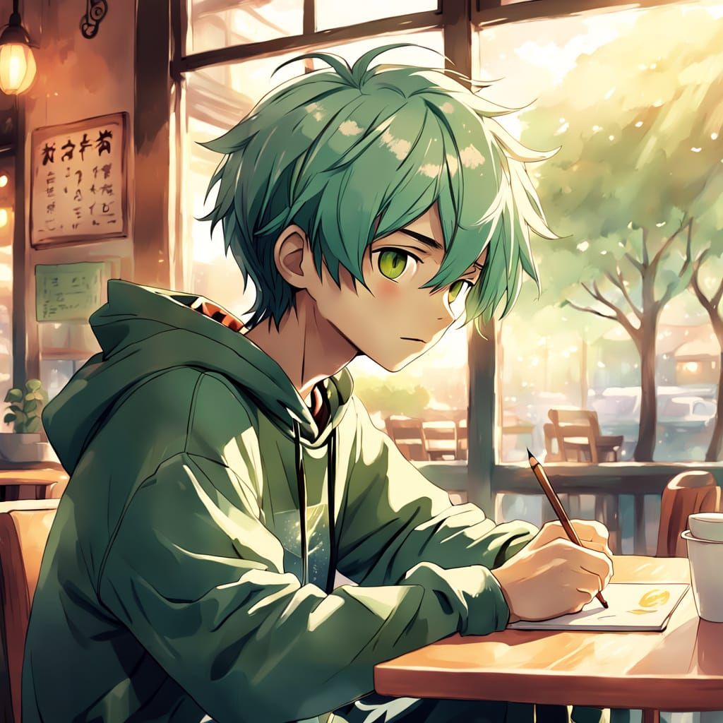 Anime Boy Drawing in a Cozy Cafe Scene