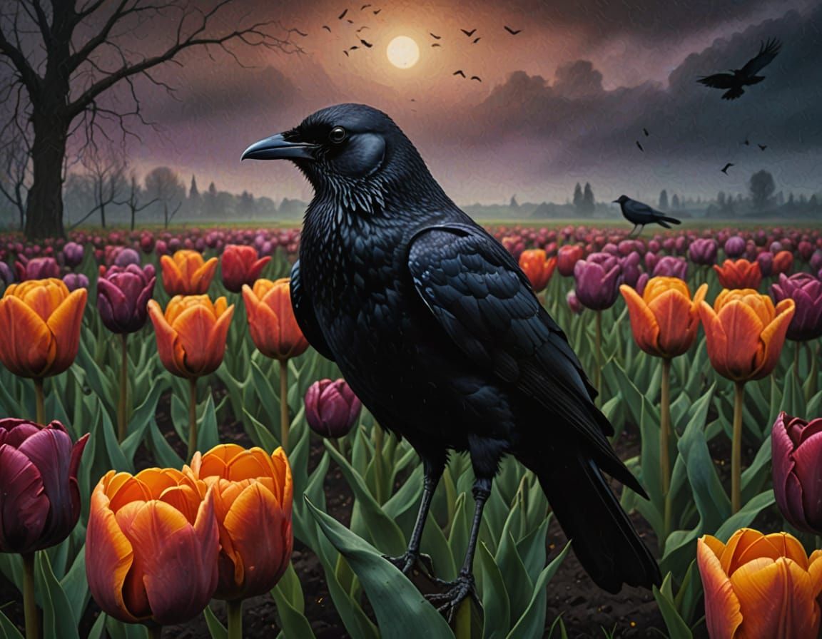 Vibrant Oil Painting of Tulip and Crow in Moody Light