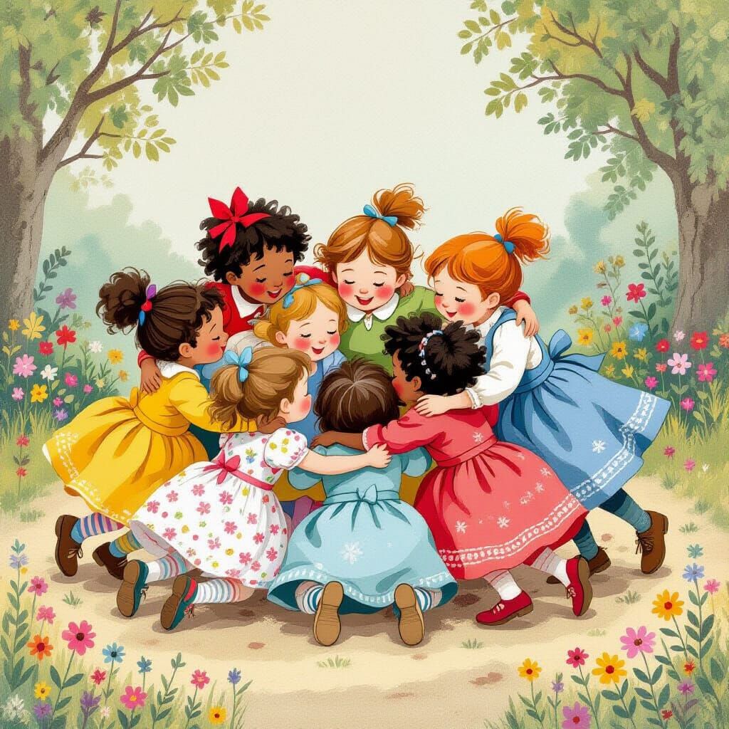 Children Playing Ring-Around-the-Rosy in Whimsical Style