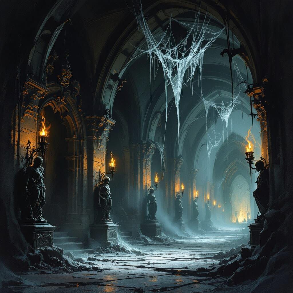 Dark Fantasy Hall of Dread with Eerie Statues
