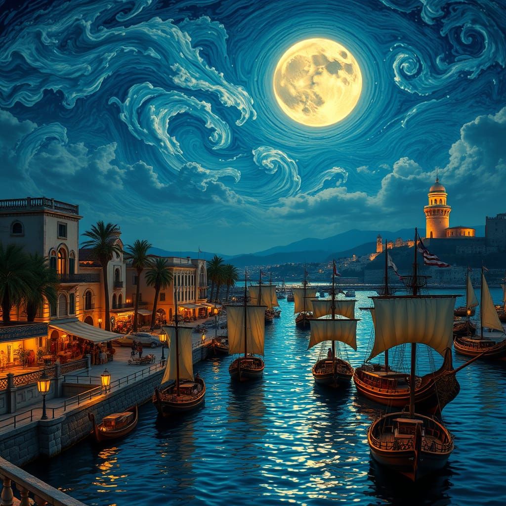 Moonlit Mediterranean Cityscape in Vibrant Colors