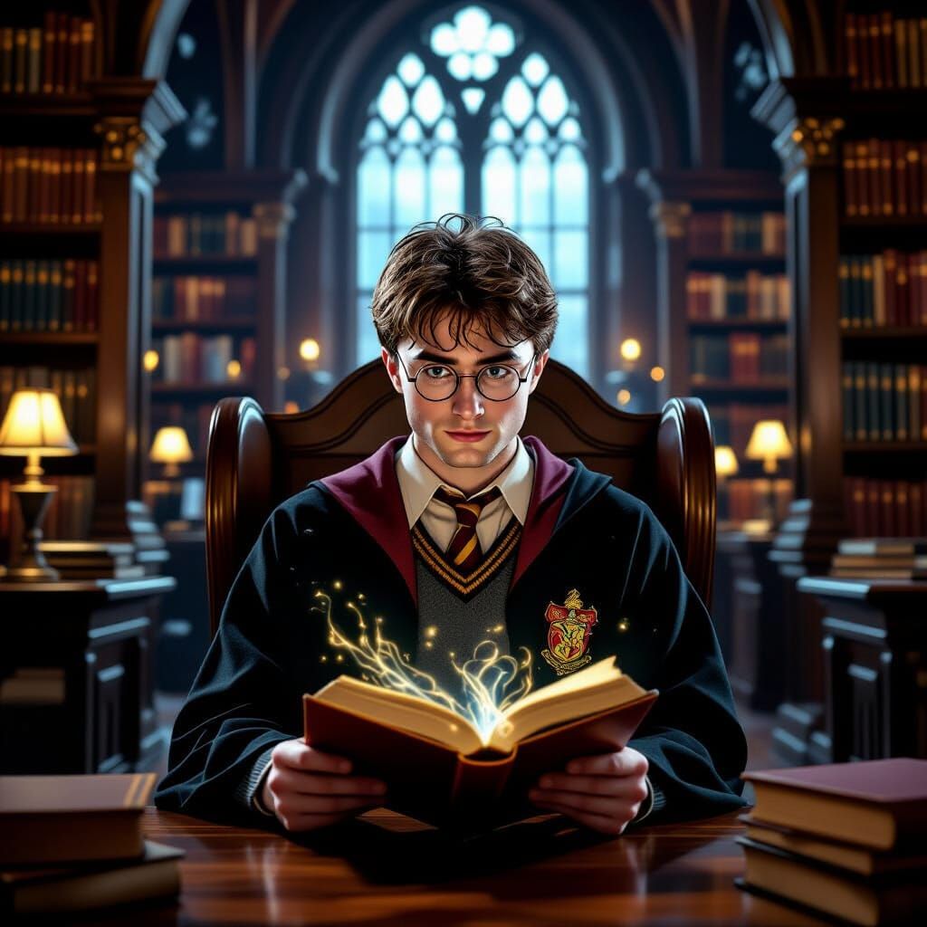 Harry Potter Reads Magic Book in Enchanted Library