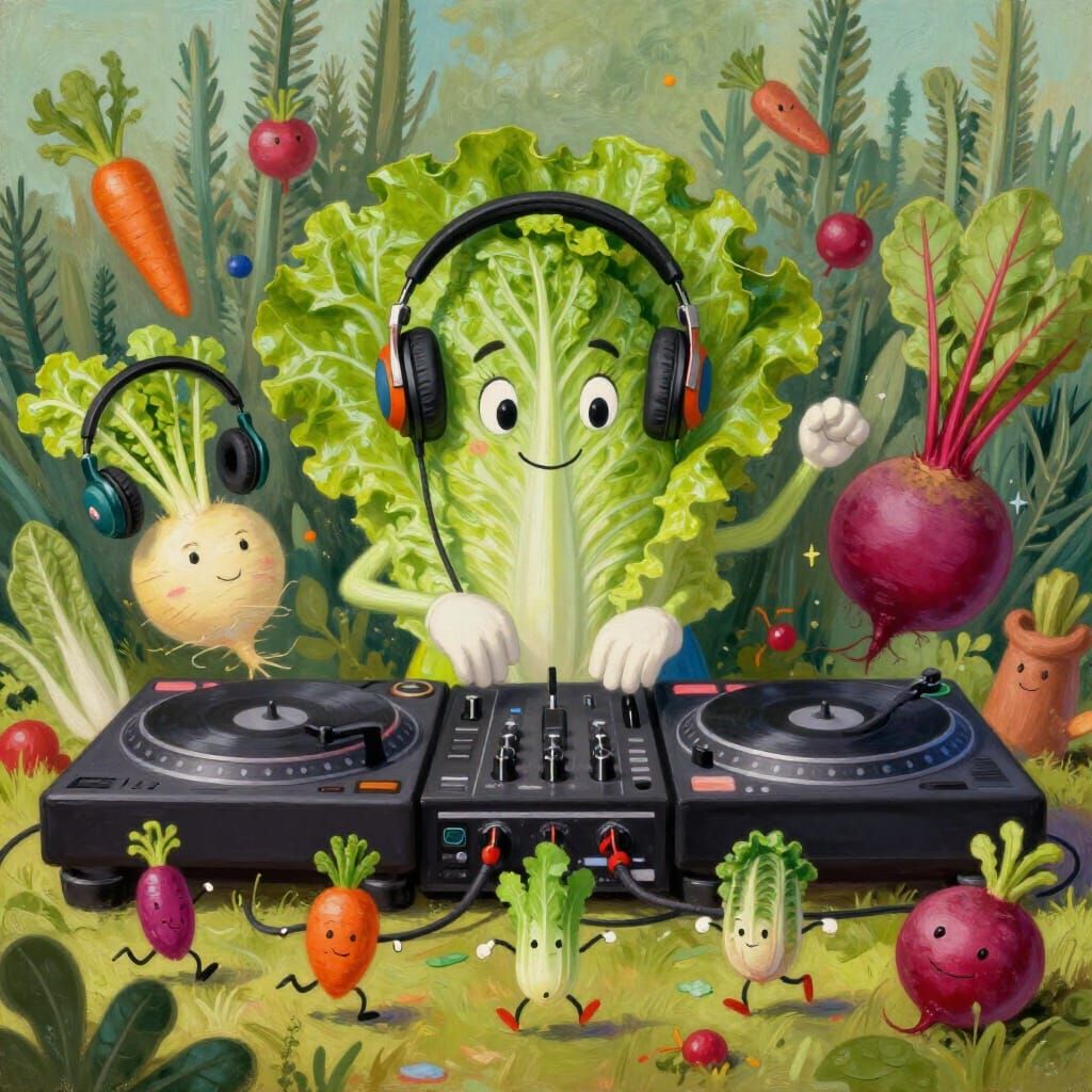 Vegetable DJ Party Scene in Expressive Painterly Style