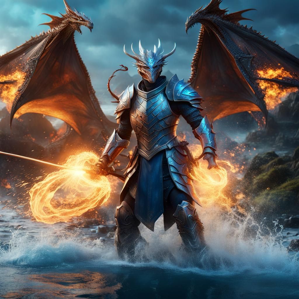 A hero based of the element water in full armor with a blue ...