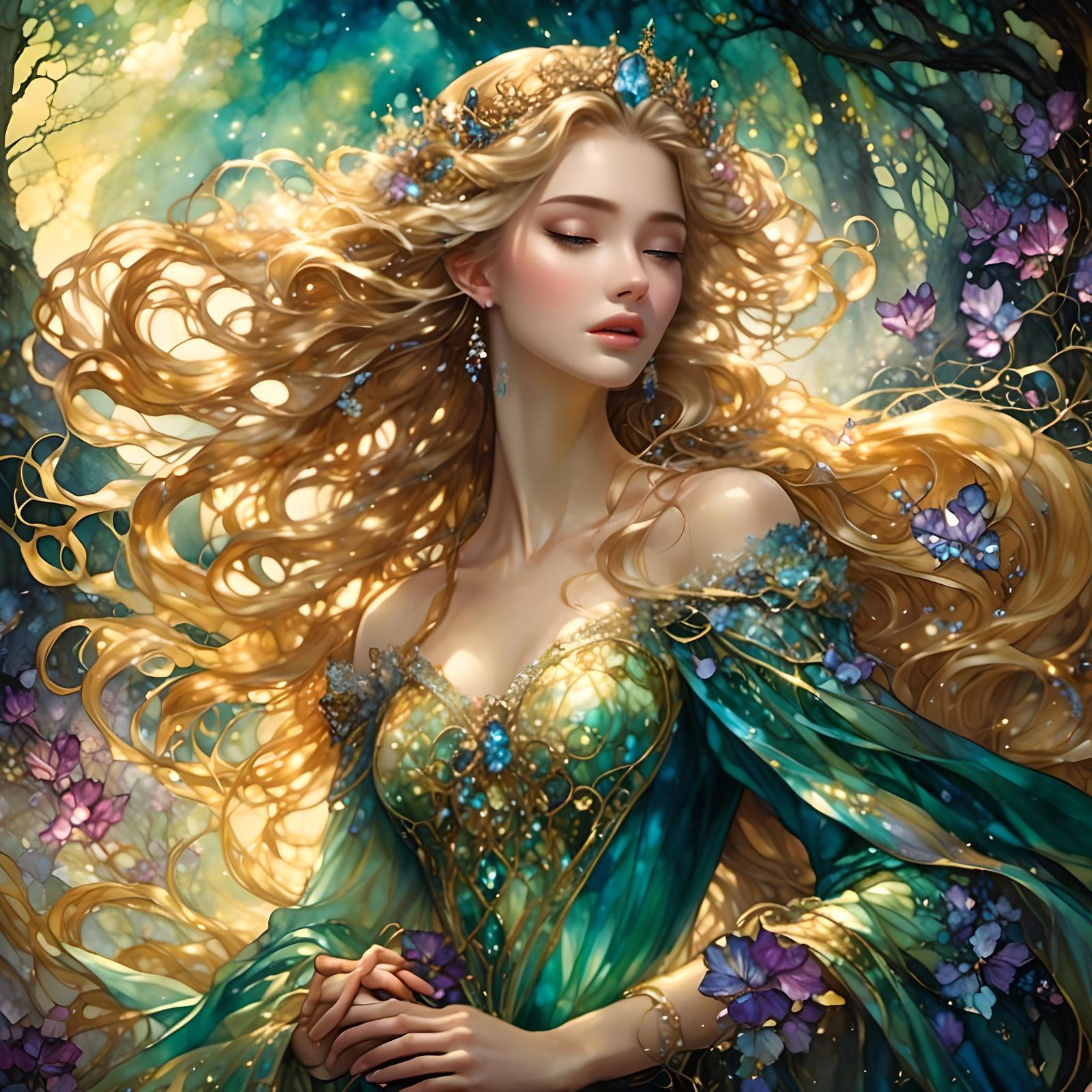 Rapunzel with Flowing Hair in Fantasy Style