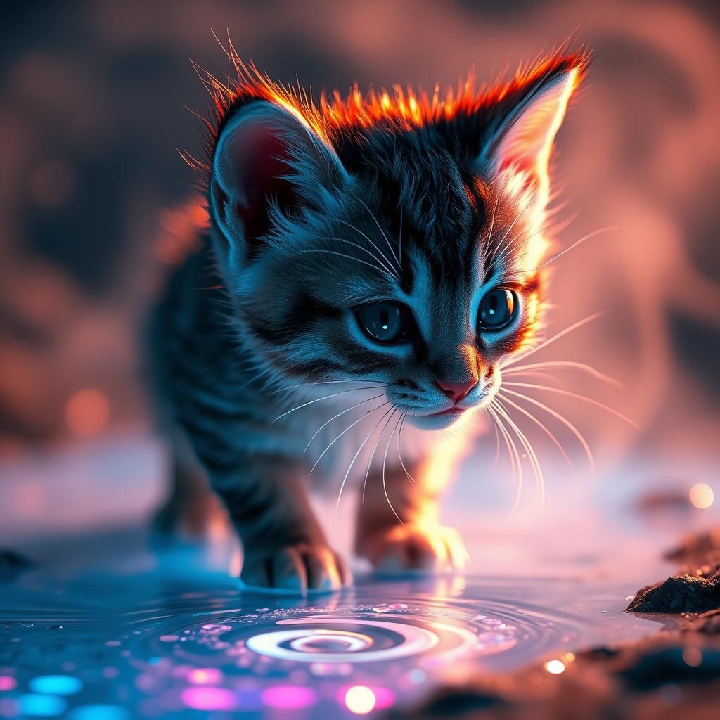 Sparkly Spirit Kitten Beside Glowing Puddle
