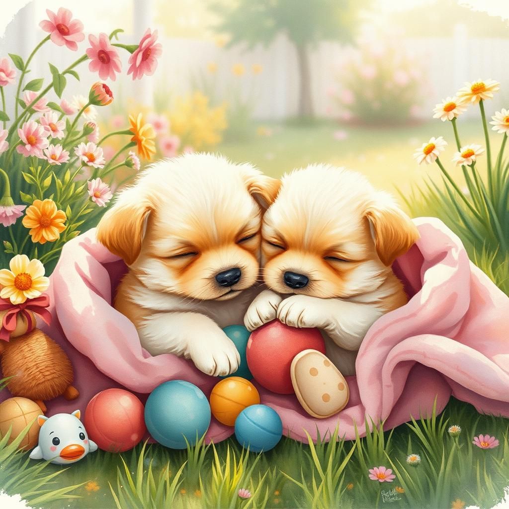 Whimsical Puppies Cuddled in Sunny Garden