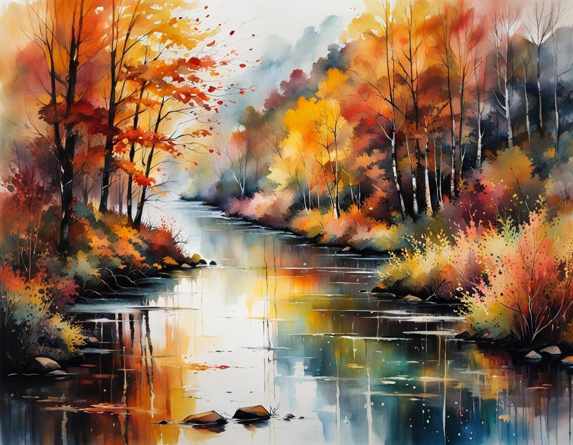 Autumn Riverscape in Morning Light Watercolor
