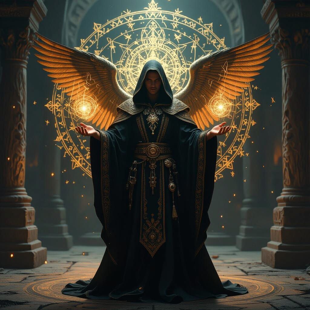 Enochian Angel of Mystical Magic in Ancient Temple
