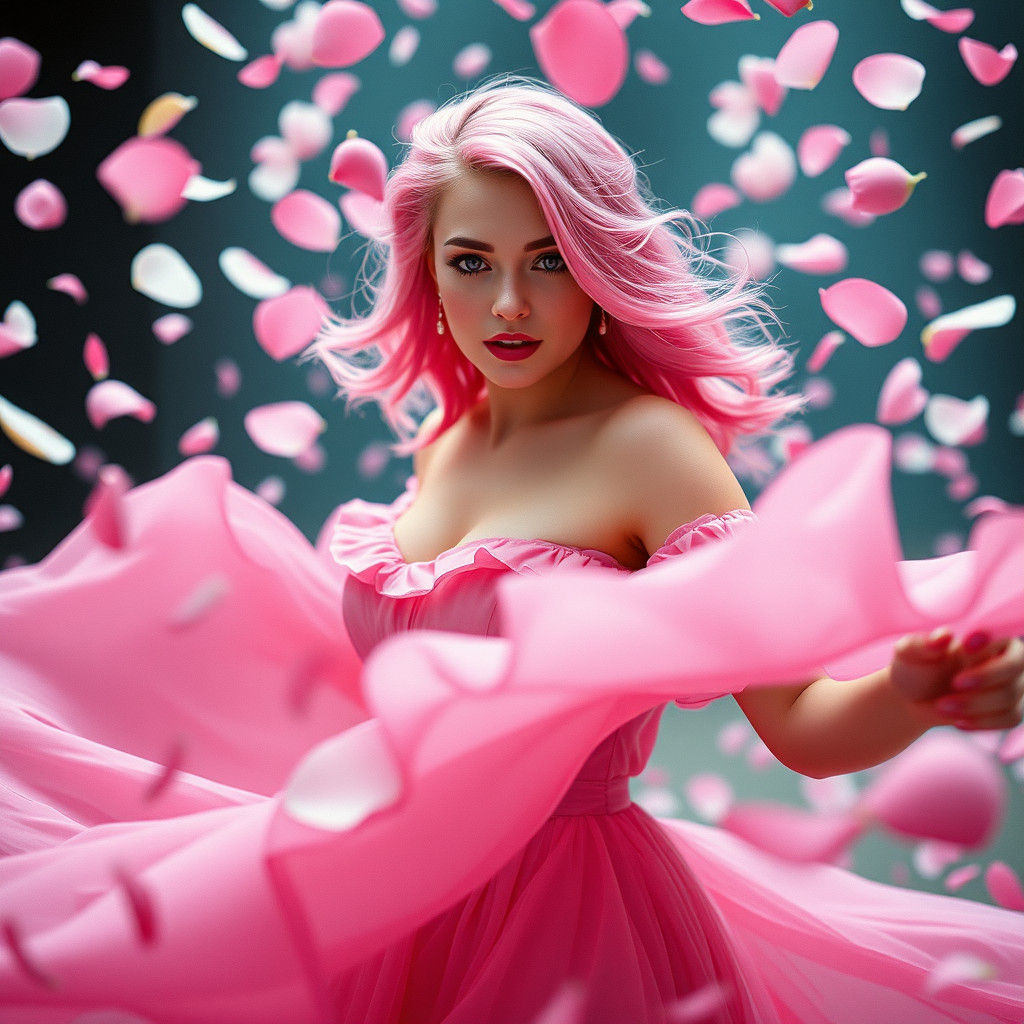 Pink-Haired Woman Dancing in Peony Petals