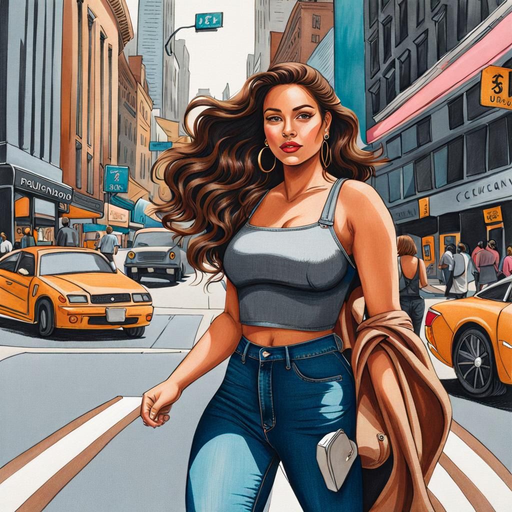 Beautiful Woman Walking Down a Busy City Street