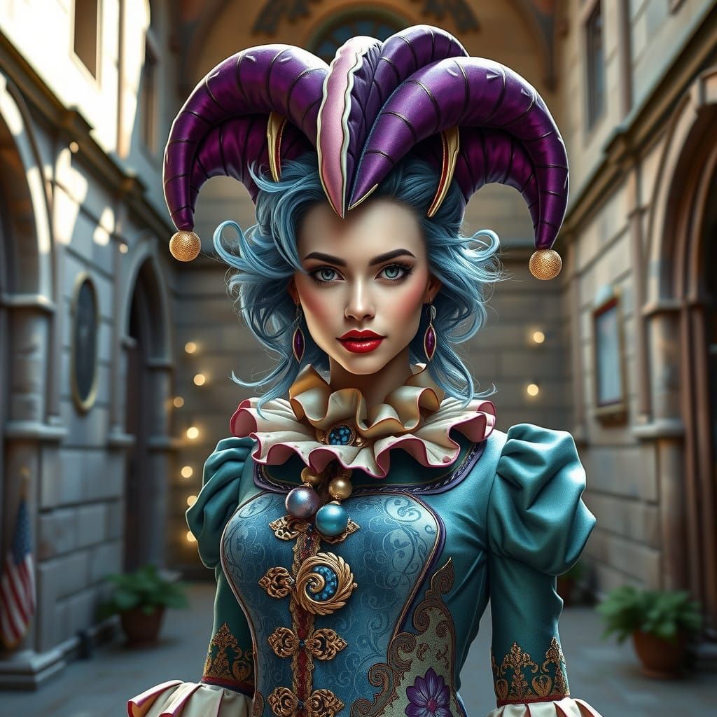 Whimsical Jester in Vibrant Cerulean Attire