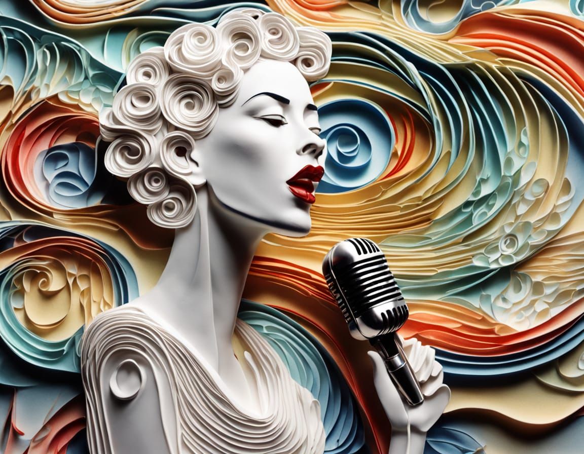 Paper Mache Sculpture of 1940s Singer with Quilled Backgroun...