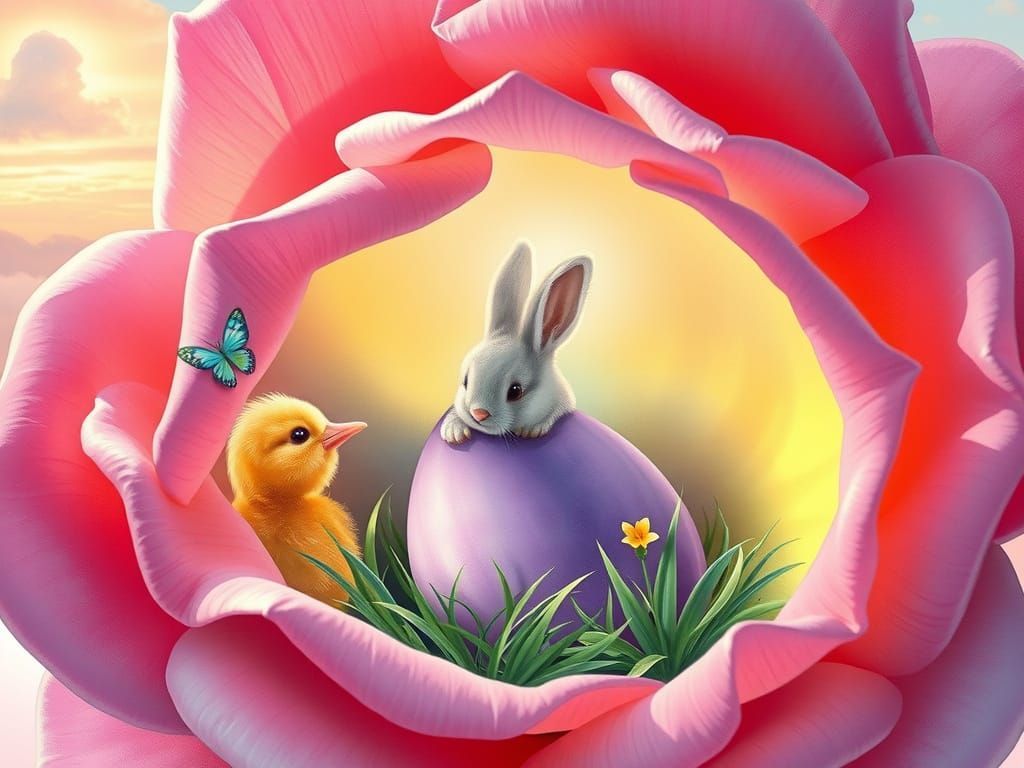 Bunny and Chick Decorating Easter Egg in Rose