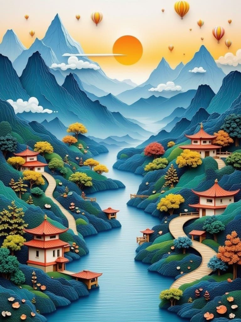 Surreal Landscape of Layered Paper with Asian Architecture