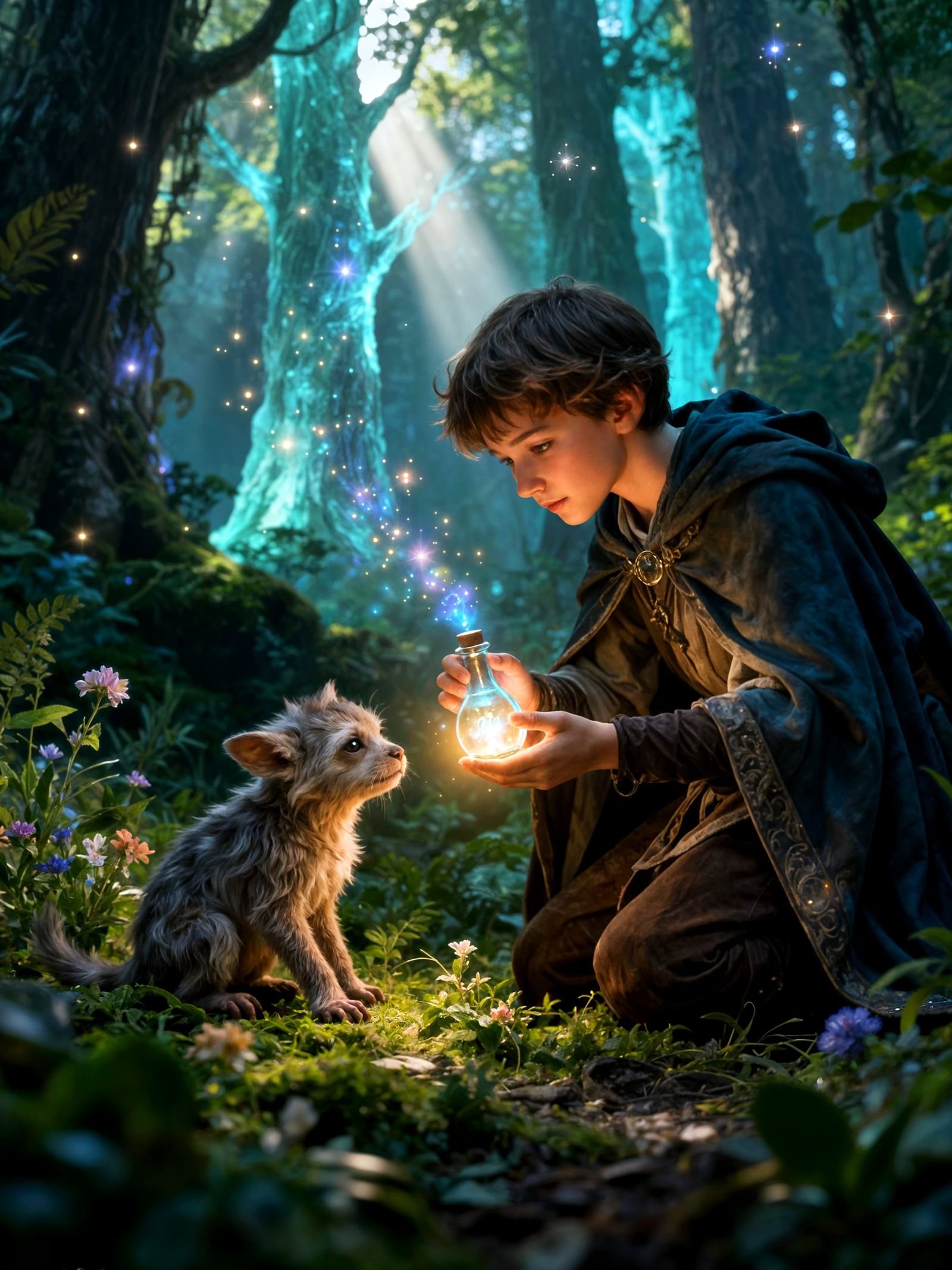 Mage Offers Healing Potion to Sick Creature in Enchanted For...