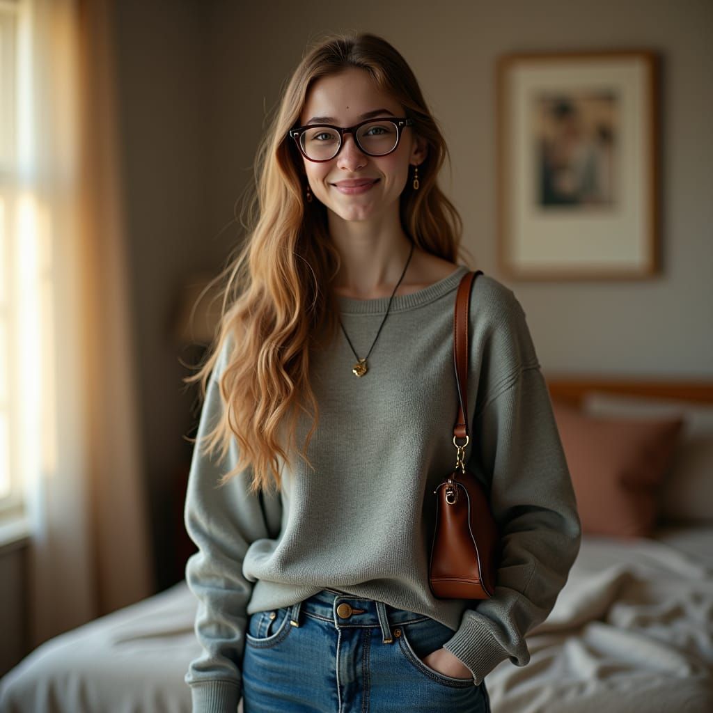 Cinematic Portrait of a Petite Young Woman in Bedroom
