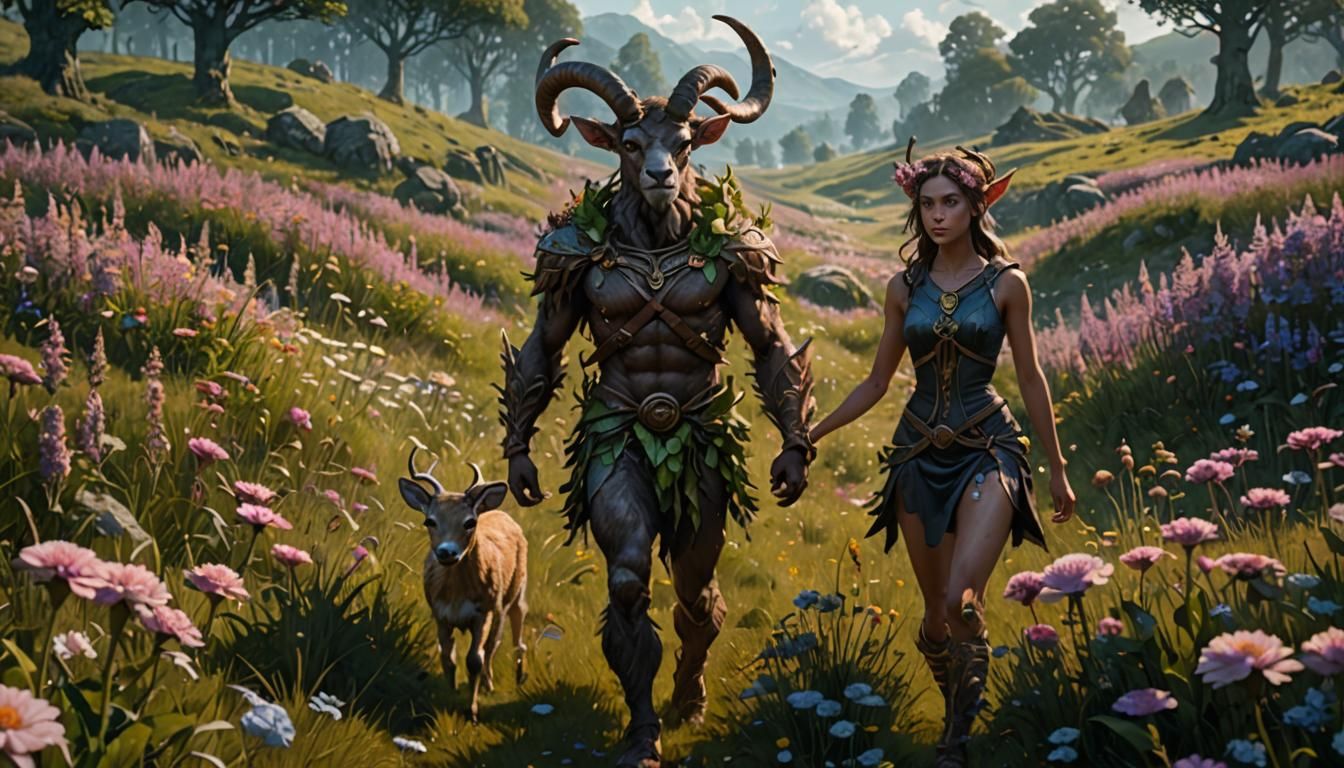 Faun and Girl in Flower Field: Dark Fantasy Art