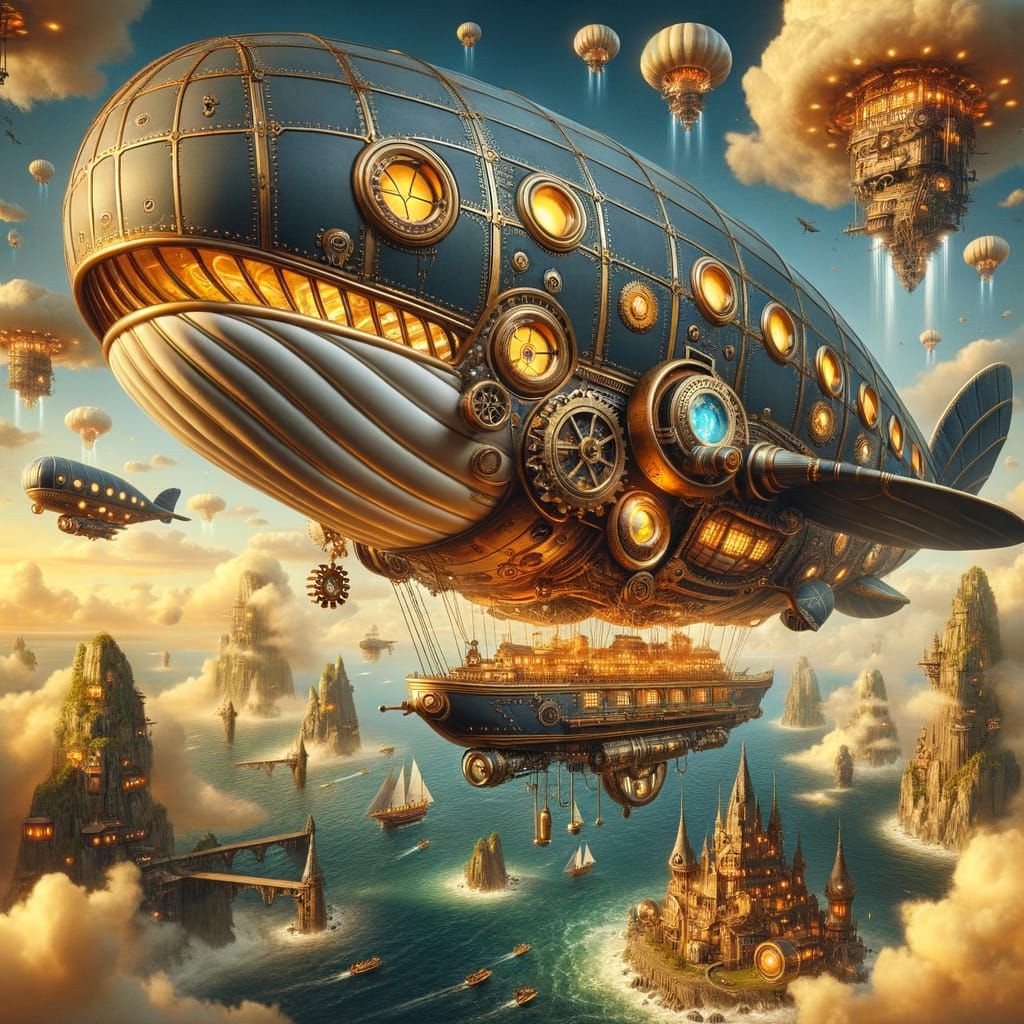 Steampunk Whale Airship Amid Levitating Islands