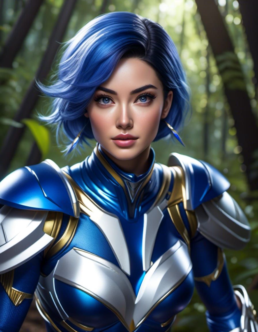 Blue Power Ranger in Flight Through Forest