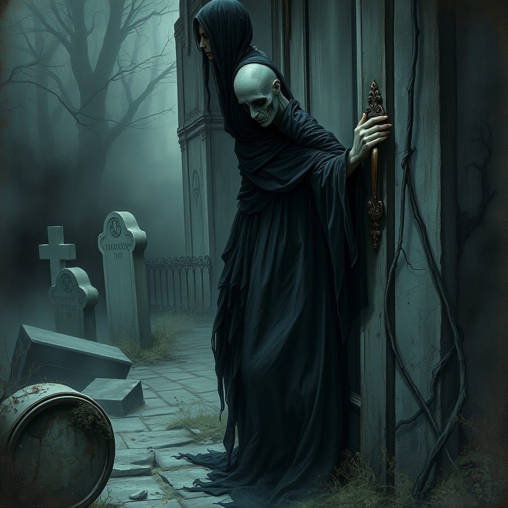 Ethereal Spirit in Cemetery, Doré-Inspired Illustration