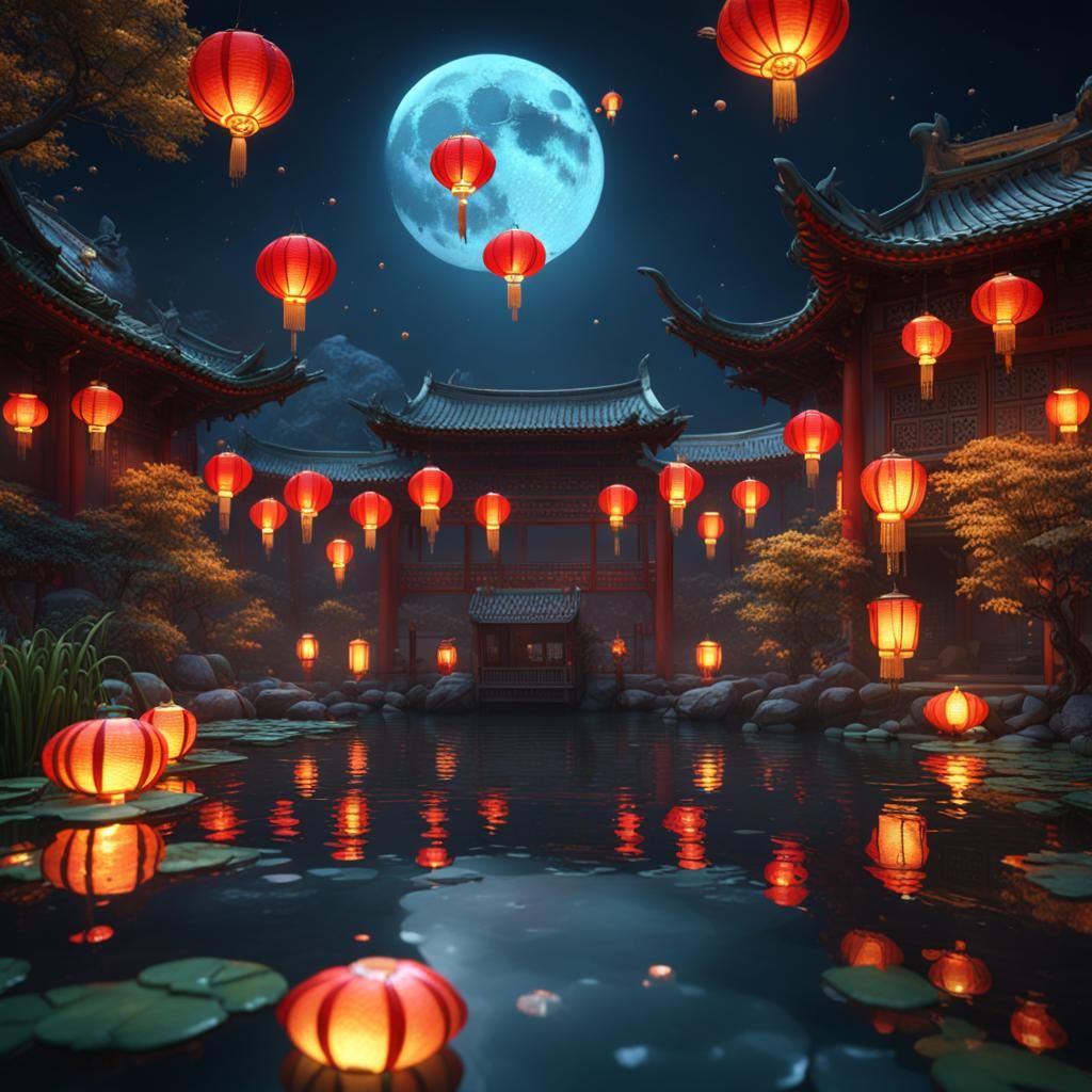 Koi Pond Lanterns Under Moon, Detailed Matte Painting