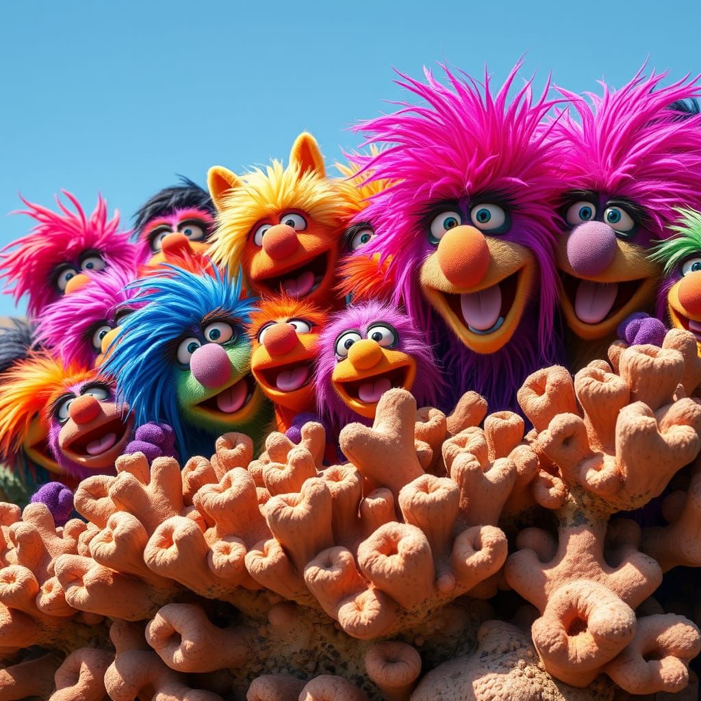 The image is a vibrant, cartoonish depiction of a group of f...