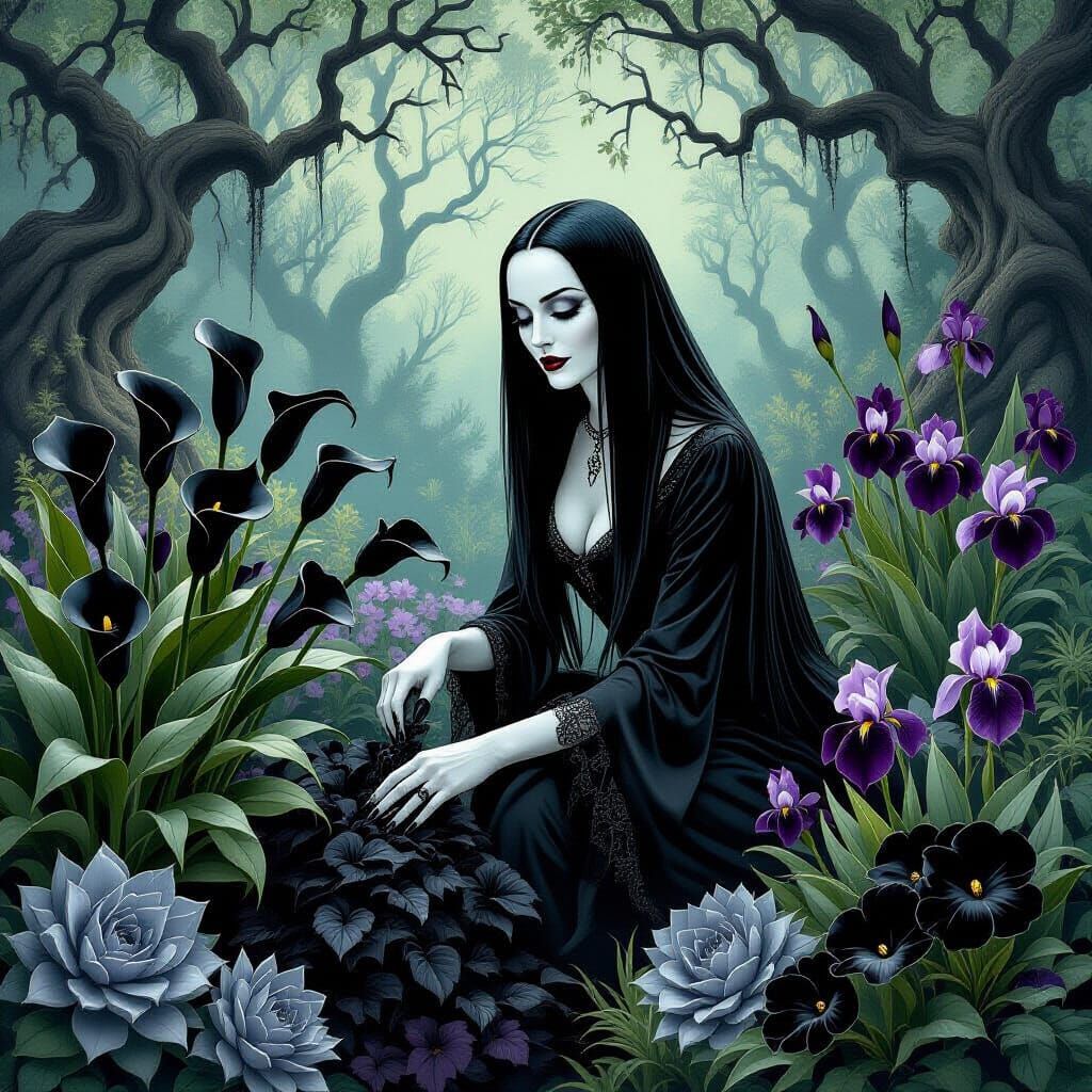 Morticia Addams' Mystical Garden: A Gothic Illustration