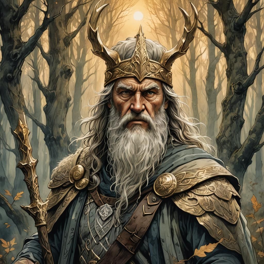 Odin in Mystical Forest, Watercolor Illustration