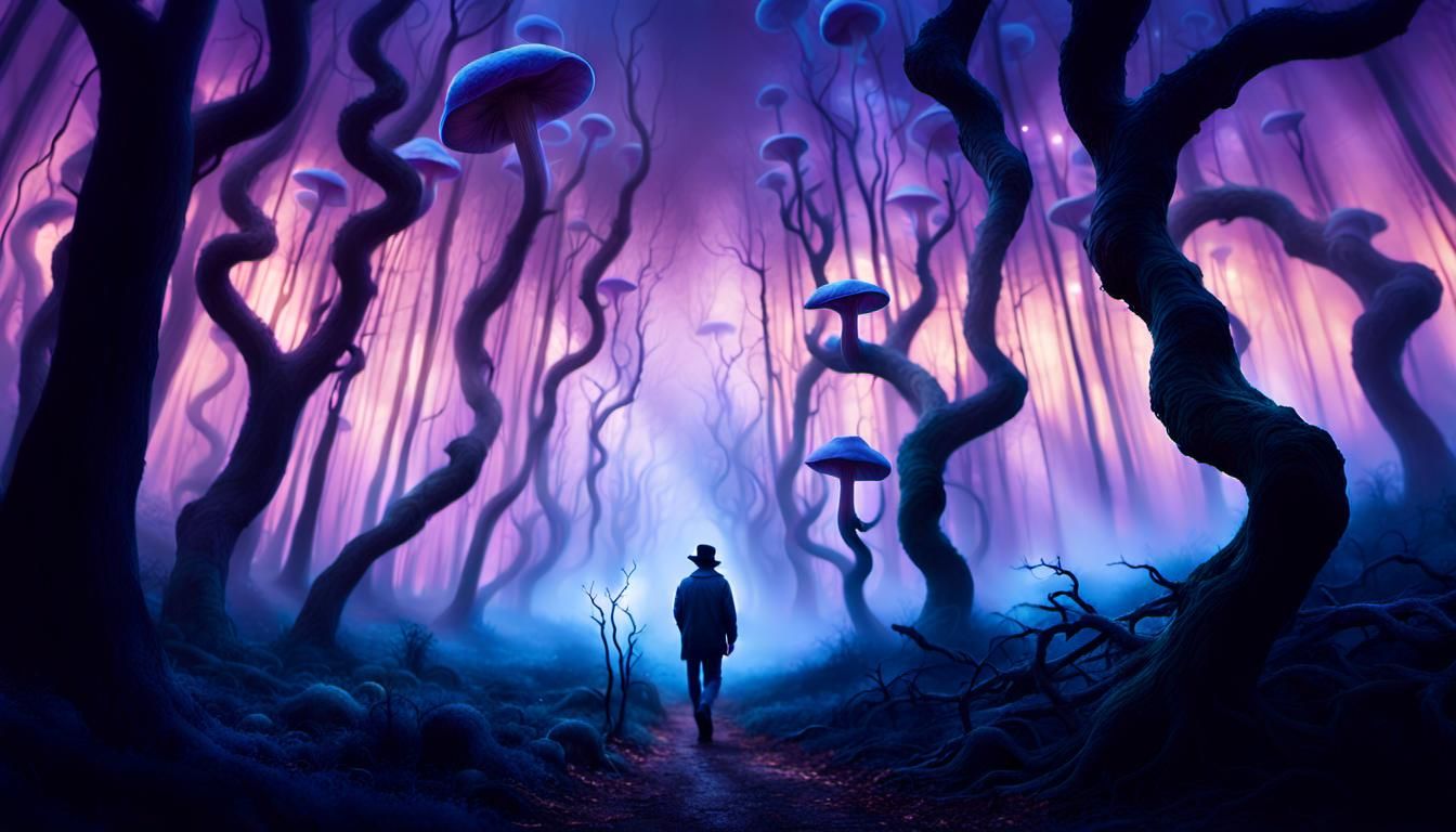 Mystical Forest Traveler in Surreal Twilight