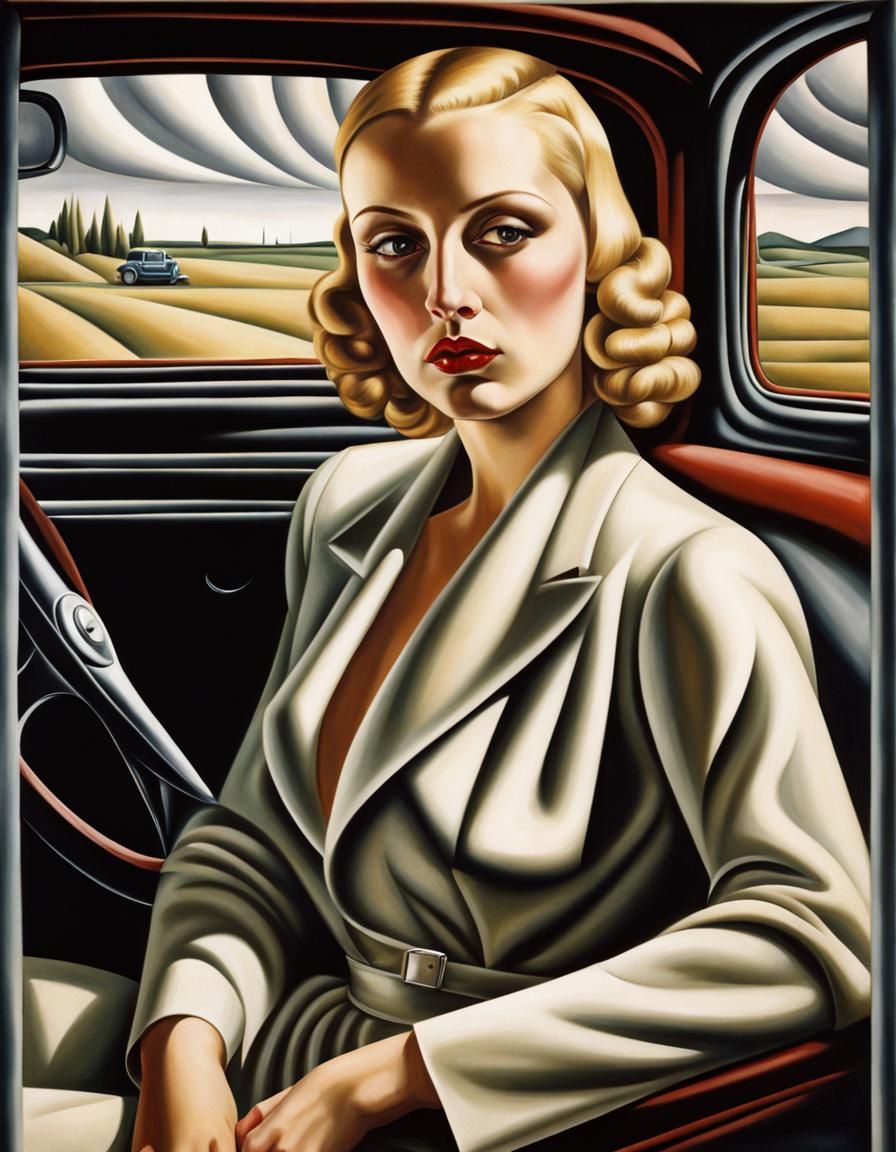 Blonde Woman in Car, Art Deco Style