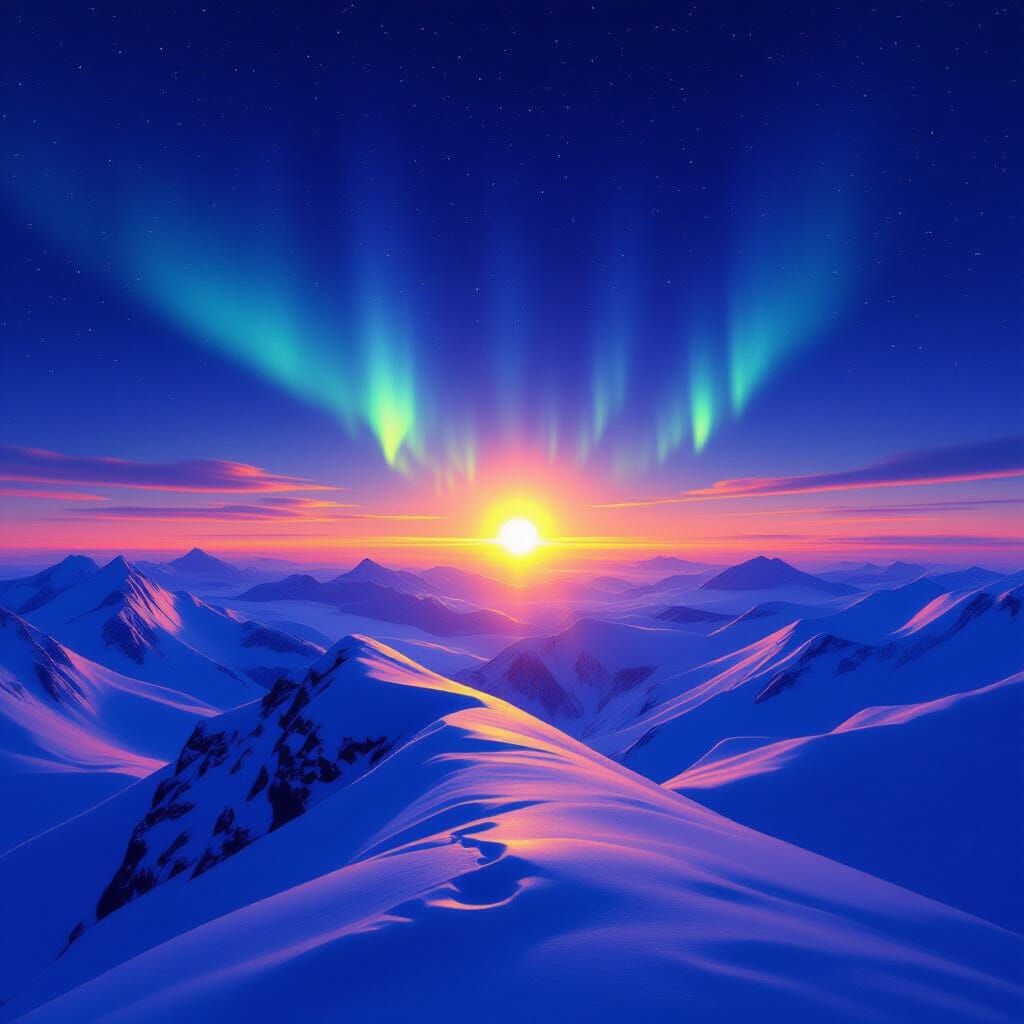 Midnight Sun Over Arctic Circle on Snowy Peak
