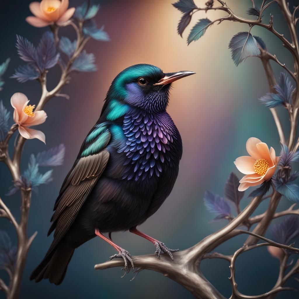 Elegant Starling with Metallic Colors and Enchanting Atmosph...