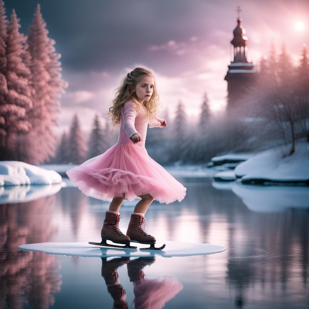 Young Girl Figure Skating on Ice Lake