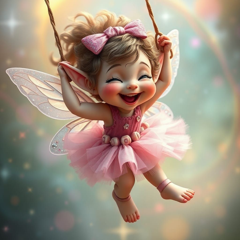 Mischievous Elf Girl on a Swing with Silver Wings